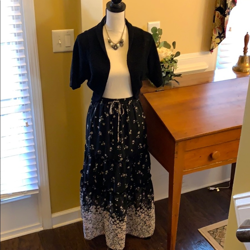 Floral black lt pink 3 tier Flowing maxi skirt